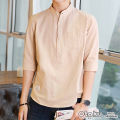 OTAKU Polo For Men Cotton Linen Chinese Collar 4/3 Sleeve Men Shirt Stand Collar Casual Polo Shirt. 