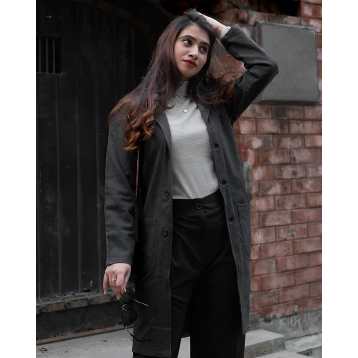 Wool-Blend Notched Collar Long Charcoal Overcoat
