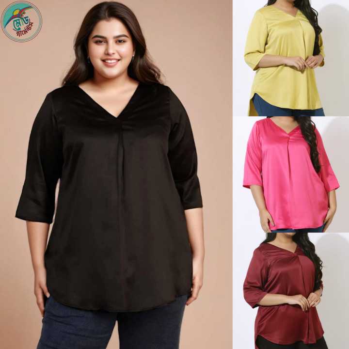 Ladies Plus Size Regular Fit Solid Spread Collar V Neck Casual Shirt Centre Pleat Top