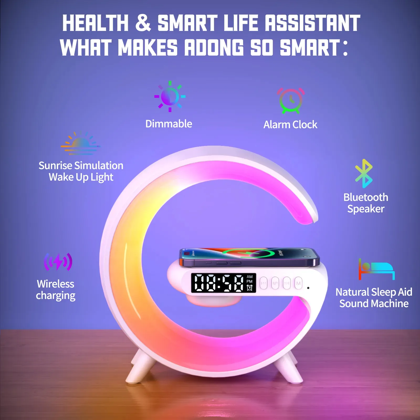 smart light sound machine g63 4-IN-1 Bluetooth Speaker Alarm Clock Wireless Charger Home Stereo Loudspeaker Subwoofer RGB Night Light Lamp Fast Charging Station Doc