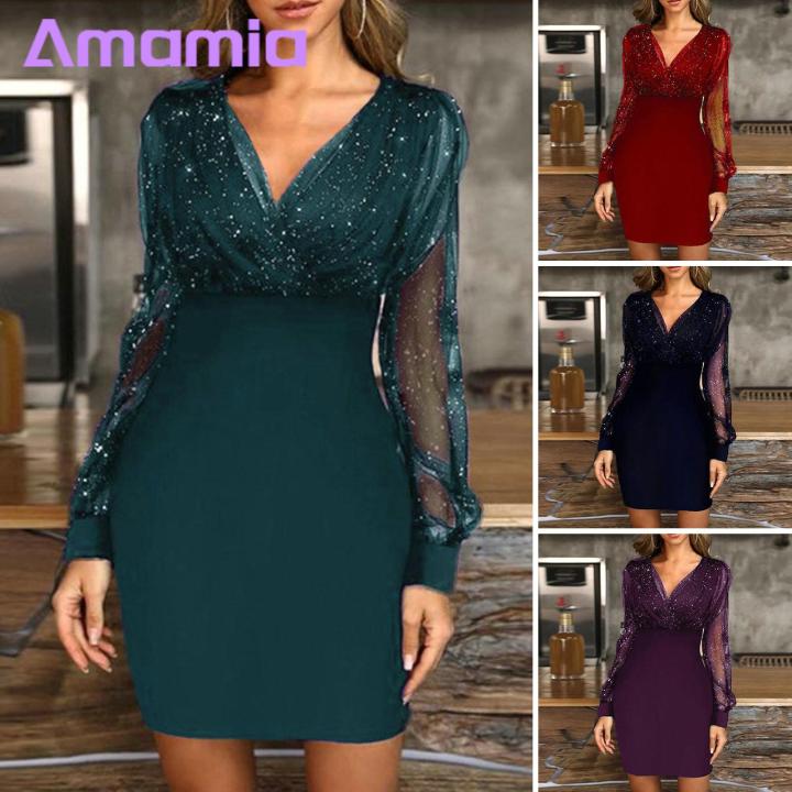 Mesh Splicing Dress V Neck Mesh Patchwork Evening Dress for Party Prom Women Dress