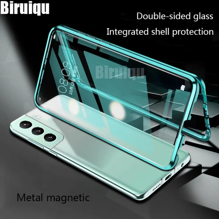 Biruiqu For Samsung Galaxy S21 S21 Plus S21 Ultra Magnetic Absorption Case Metal Frame Shockproof Double Sided Tempered Glass Magnetic Case Cover