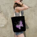 Butterfly Print Shoulder Bags Female Shopping Tote Black Canvas Foldable Reusable Casual Student Portable School Handbag Trendy. 