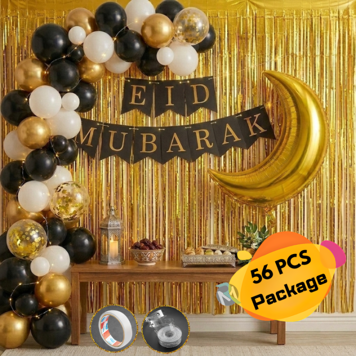 Eid Mubarak Decoration Combo Set with Golden Moon Foil, Backdrop, Metallic Balloon, EID Banner, Arch & More- (56 Pcs)