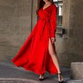 Fashion Women's Elegant Solid Color Banquet Evening Dress Spring And Autumn Deep V-Neck Stitching Slit Irregular Long Dress. 