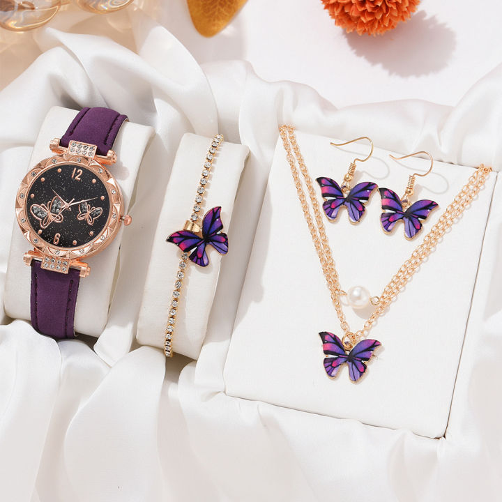 J5pcsset All-match Fashion Butterfly Women's Belt Watch Suit