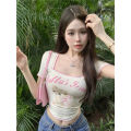 Cream Cute Cat Printed Waist-Controlled Soft Glutinous Short T T-shirt Women's Slim-Fit Short-Sleeved Contrast Color Sweet Cool Hot Girl Square Collar Top. 
