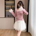 Real Shot Spot Autumn and Winter Design Sense Thin and Glittering Temperament Pure Desire Hot Girl Fake Two-Piece Belt Bell Sleeve Dress. 
