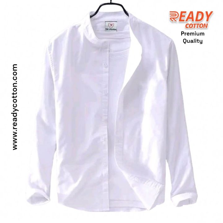 Men Shirt Band Collar| White Solid Cotton | Mandarin Collar