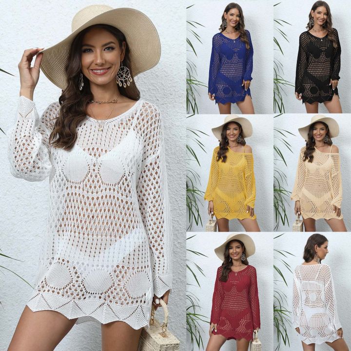 Large%20Size%20Beach%20Dress%20with%20Sleeve%20White%20Whole%20Summer%20Swimsuit%20Cover%20Up%20Hole%20Plus%20Tunic%202023%20Sundress%20Coverup%20Outfits%20Mujer%203XL%20-%20Image%202