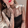 Elegant Lace T-shirt For Women Mesh Long Sleeve Tops Hot Transparent High Neck Black Lace Bottoming Shirts Punk Tee Tops. 