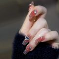 24Pcs/Set Diamond and Love Full Cover Artificial Nail Seamless Removable False Nails Capsule Fashion Pink Gradient Art Nail.