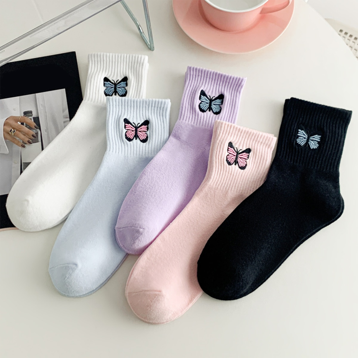 %EF%BC%88New%EF%BC%895%20Pair%20Of%20Multiccolor%20Ladie%20Butterfly%20Embroidered%20Tube%20tocking%20-%20Image%203