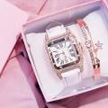 LooKeo Mall Best Selling Ladies Square Rhinestone Bracelet Watch Set Wristwatches Leather Strap Luxury Quartz Watches for Women. 