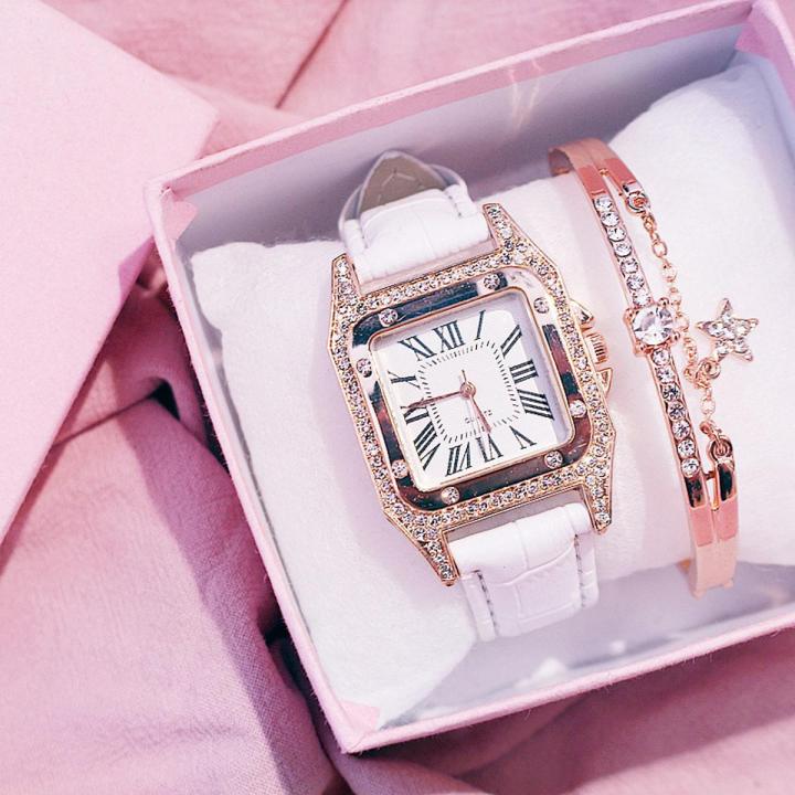 LooKeo Mall Best Selling Ladies Square Rhinestone Bracelet Watch Set Wristwatches Leather Strap Luxury Quartz Watches for Women