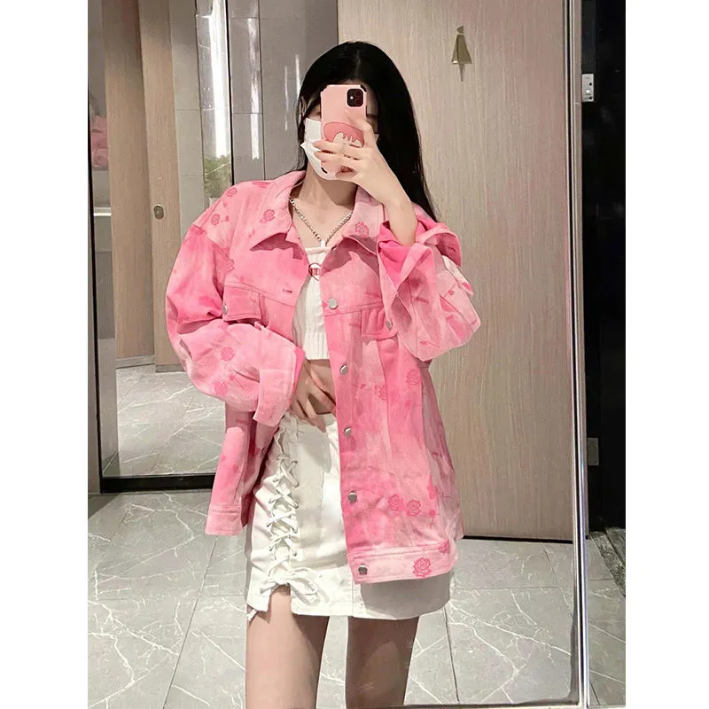 National Fashion Rose Pink Denim Jacket Women's Spring and Autumn