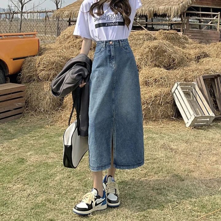 Small, fresh, high waisted, slim A-line denim skirt, mid length inset,  super open cut one step skirt - Main Image