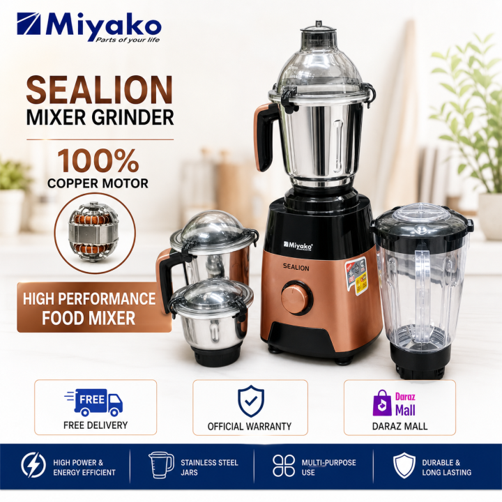 Miyako Sealion Mixer Grinder 1800W – Heavy Duty 100% Copper Motor | 20000 RPM | Stainless Steel Blades | Multi Jar Blender
