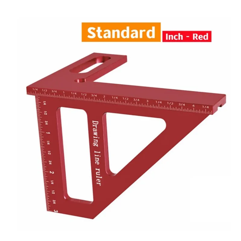3D Woodworking Square Protractor – 45/90 Degree Aluminum Carpenter Ruler, Multifunctional Miter Triangle Scriber With Laser Carved Marks (Red)