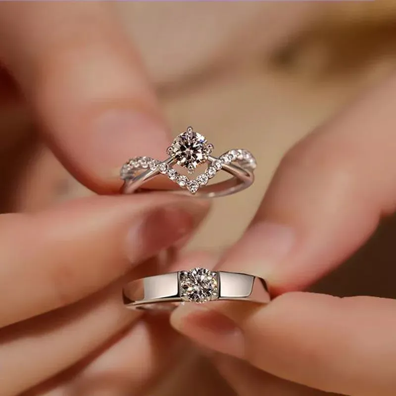 Korean Luxury Zircon Couple Ring For Women Men Silver Plated Love