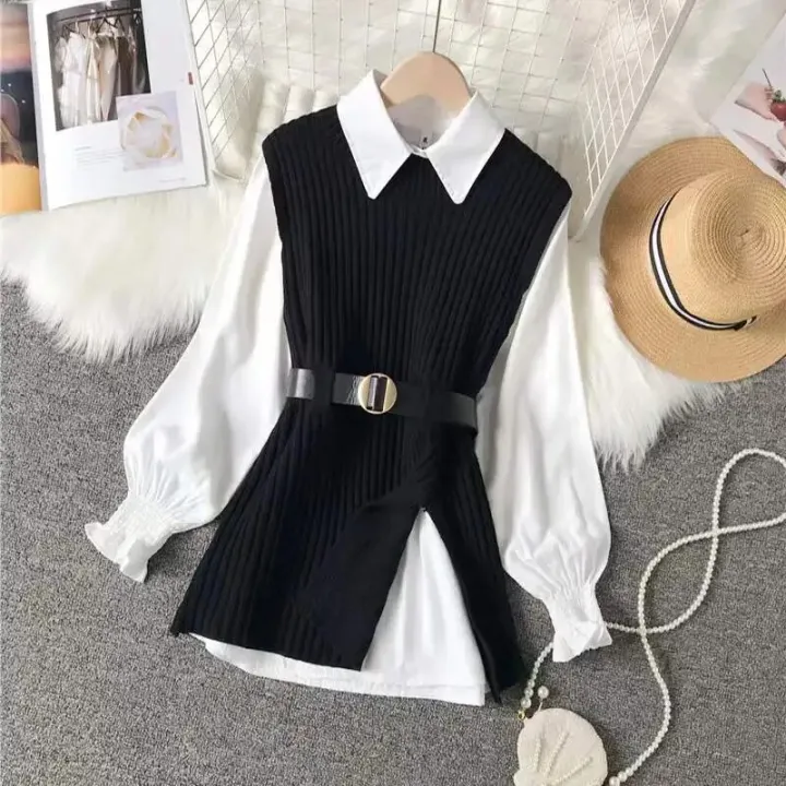 2023%20Autumn%20Two%202%20Piece%20Knitted%20Vest%20Set%20Women%20Long%20Sleeve%20Shirt%20Solid%20Vintage%20Sleeveless%20College%20Style%20Waistband%20Sweater%20Tops%20-%20Image%205