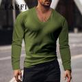 Men V-neck T-shirt Men V-neck Long Sleeve T-shirt Solid Slim Fit High Elastic Pullover Tops Breathable Thin Stwear Casual Men T-shirt. 