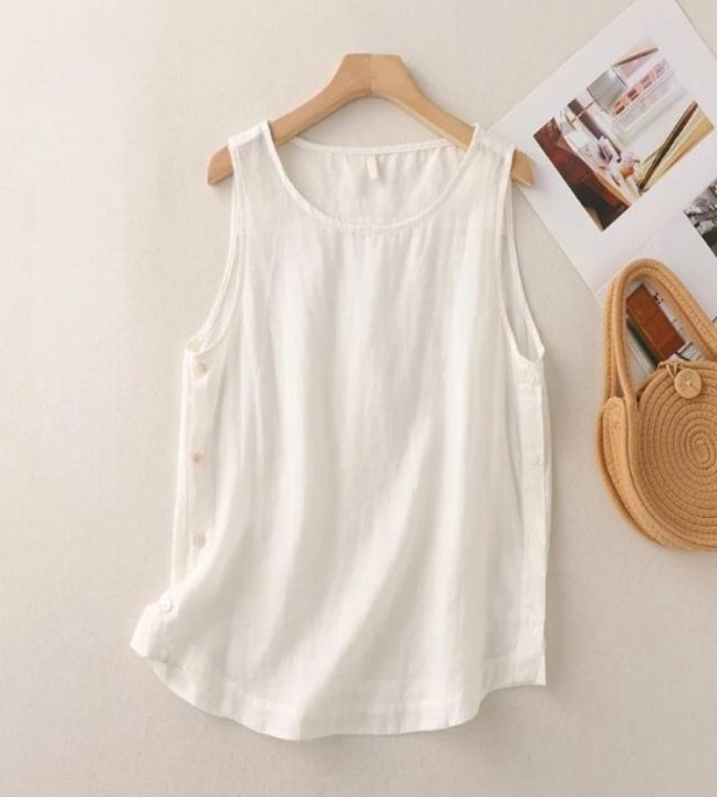 Women's Summer Loose Simple Orange Tank Top O-Neck Side Button Design Solid Pullover Sleeveless T-shirt