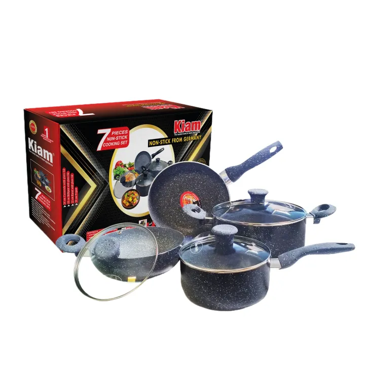 Kiam Non Stick 7 In 1 Piece Non-Induction Cookware Set Marble Coating Layers For Superior