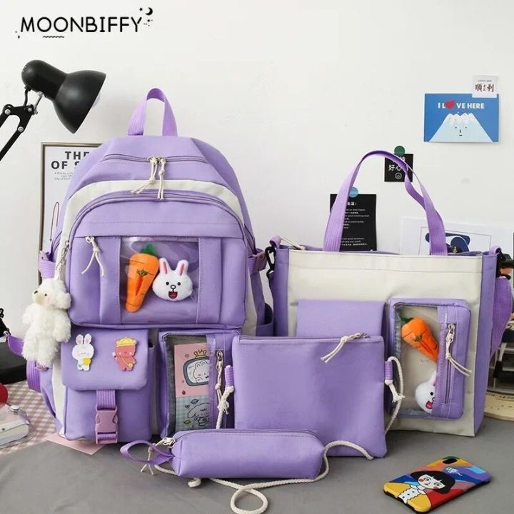 New Pcs Sets Purple Colour Children's School Backpack Kawaii Women's  Backpack Bookbag School Bags for Teens Girls Mochila