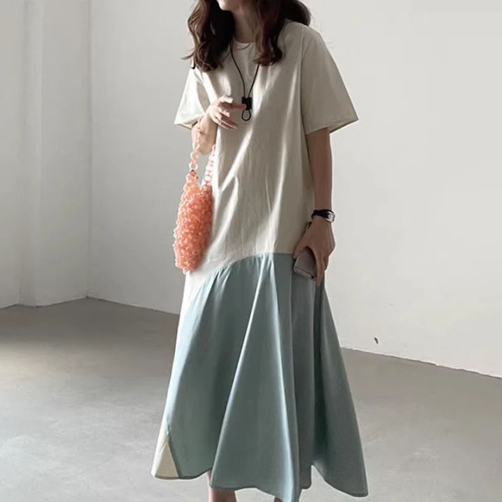 Women%E2%80%99s%20Ruffled%20Hem%20A-Line%20Robes%20Fashion%20Casual%20Loose%20O%20Neck%20Short%20Sleeve%20Dress%20Patchwork%20Midi%20Dress%20-%20Image%204
