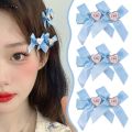 Japanese Korean Style Y2K Sweet Fabric Blue Double Bowknot Ribbon Love Heart Duckbill Hairpins Women Girls Kawaii Side Bangs Barrettes Hair Clips Hair Accessories.