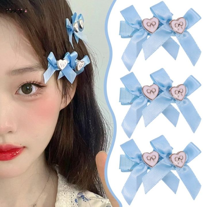 Japanese Korean Style Y2K Sweet Fabric Blue Double Bowknot Ribbon Love Heart Duckbill Hairpins Women Girls Kawaii Side Bangs Barrettes Hair Clips Hair Accessories