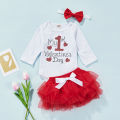 Ma&Baby 3 Pieces Baby Suit Set, Letter Print Round Neck Long Sleeve Romper+ Tiered Skirt+ Headband, White Red, 0-24 Months. 