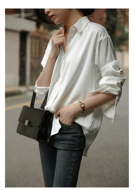 White%20Shirt%20Women's%20Design%20Sense%20Xiaozhong%20Fu%20Gugang%20Style%20Top%20Draping%20Shirt%20Mercerizing%20Satin%20Surface%20Loose%20Korean%20Style%20Professional%20-%20Image%204
