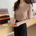Autumn and Winter V Collar Knitted Long Sleeve Slim Fit Skinny Thermal Bottoming Shirt Top Trendy Pullover Slimming Sweater Women Wholesale. 