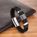 Black Braided Leather Bracelet Men Stainless Steel Magnetic Clasp Male Wristband. 