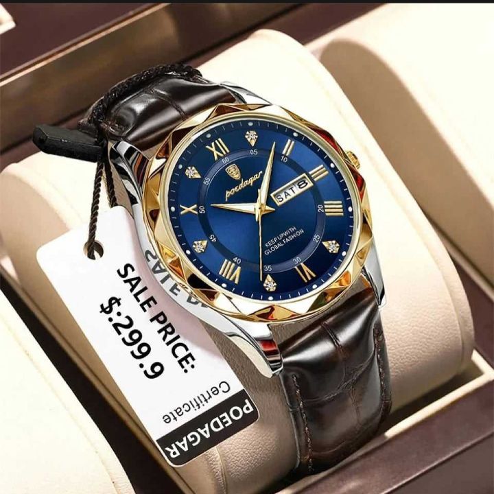 POEDAGAR 615 Leather Quartz Luxury Business Man Wristwatch Date Week Watch For Men