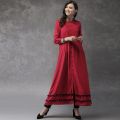 Maroon Linen Kurti for Women (Tailor Made) - Ball Lace. 