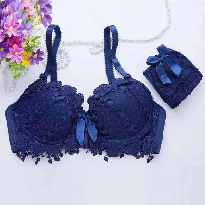Japanese Peach Heart Floral Lace Lingerie Set â Push-Up Wireless Bra and Panties for Women