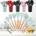 12Pcs Silicone Cooking Utensils Set | Non-Stick Spatula Set | Silicon Wooden Handle Cooking Tools Set | Silicon Spoon Kitchen Utensil Set. 