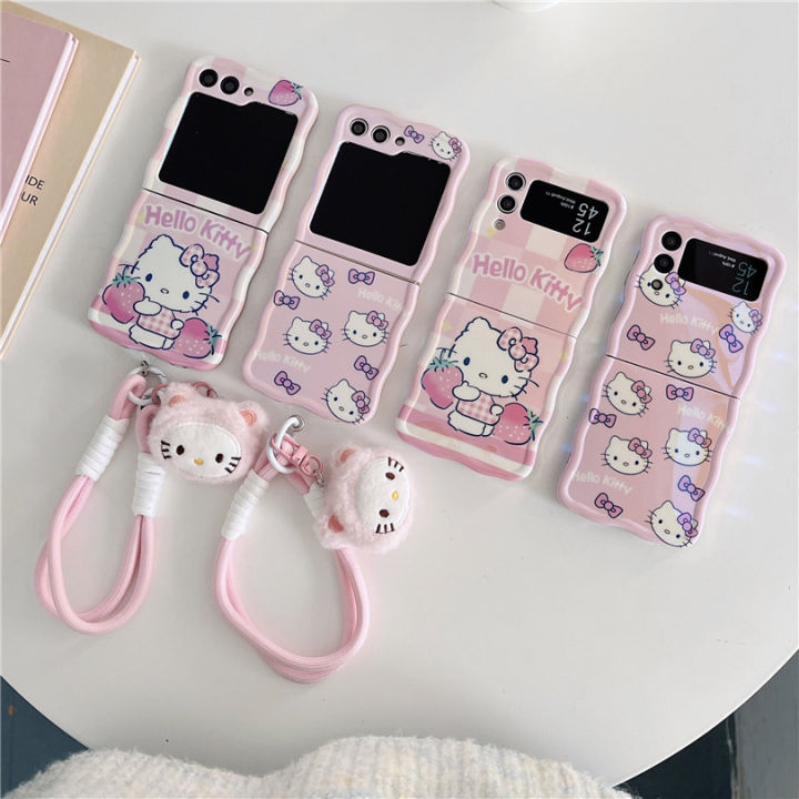 Kawaii Cartoon Hello Kitty Phone Case with Bracelet for Samsung Galaxy Z Flip 5 4 3 Z Flip3 Zflip4 Shockproof Soft Cover Mascaraara