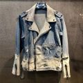 High Street Vintage Holes Ripped Coat Patchwork Denim Jacket Men Zippers Denim Biker Jacket For Motorcycle Blue Denim Jacket. 