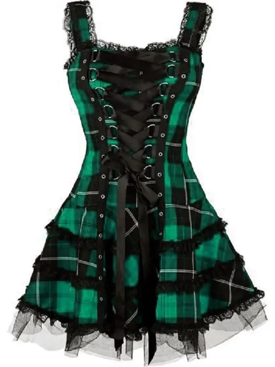Vintage%20Plaid%20Bandage%20Gothic%20Women%20A-line%20Dresses%20Grunge%20Aesthetic%20Lace%20Trim%20Patchwork%20Mini%20Dress%20Punk%20Bodycon%20Partywear%20-%20Image%205