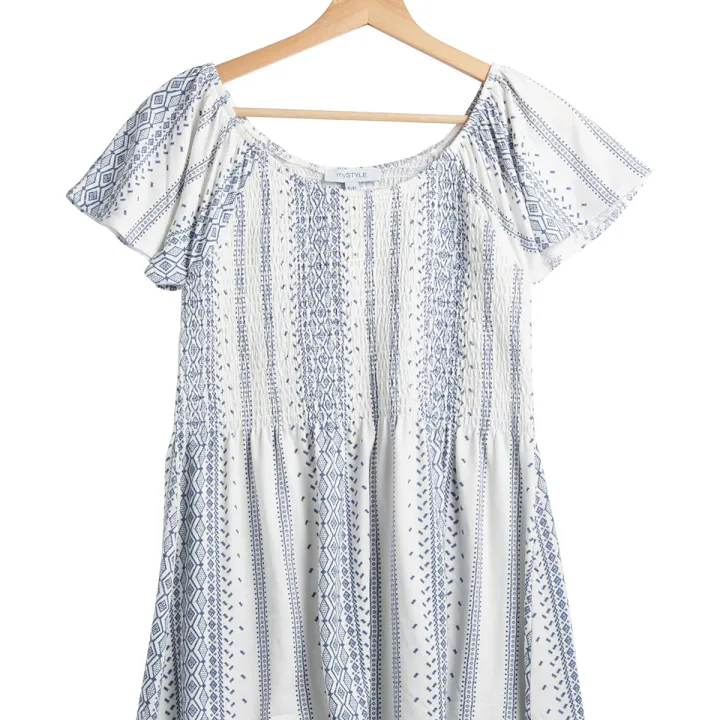 Womens%20Smocked%20Printed%20Round%20Neck%20Short%20Sleeves%20Tops%20From%20Levin%20-%20Image%204