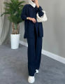 Womenโs New arrival clothes solid color long sleeved shirt coat and pant set Female casual 2 piece.