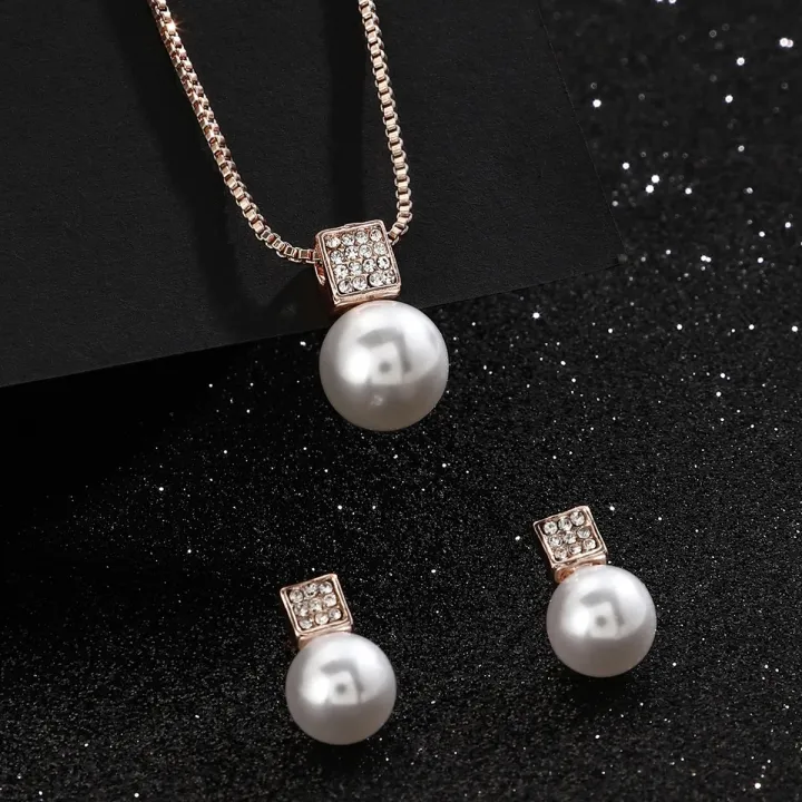 Fashion%20Women%20Elegant%20Imitation%20Pearl%20Necklace%20Earrings%20Rhinestones%20Geometry%20Necklaces%20Bride%20Wedding%20Party%20Jewelry%20Set%20Gifts%20New%20-%20Image%203