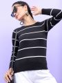 Pantoneclo Premium Women's / Girl's Round Neck Pullover Long Sleeve Stripe Sweat Shirt / Sweater / Cardigan / Jumper. 