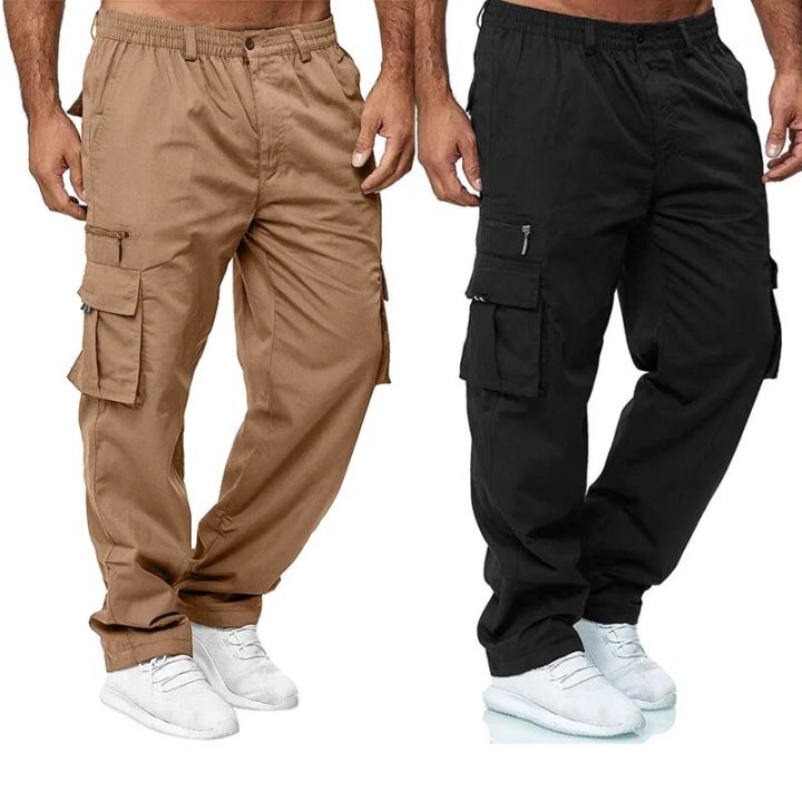 New Men Cargo Pants Summer Button Zipper Stretch Waist Loose Trousers Casual Multi-Pocket Straight Pants Sports Outdoor Wearing