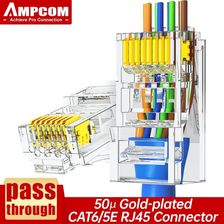 AMPCOM CAT6 CAT5E Pass Through RJ45 Modular Plug Network Connectors UTP 3/50μ Gold-Plated 8P8C Crimp End for Ethernet Cable