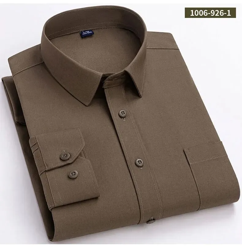 High Quality Cotton Men Dress Shirts Long Sleeve Middle-aged Luxury Plain  Color Business Casual Social Male Shirt Regular Fit